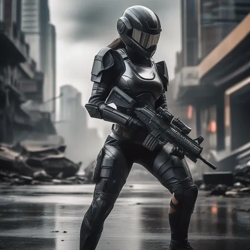 Prompt: black armed female figure in sci-fi battle armor with cybernetic helmet, aiming on one knee, mask, sci-fi visor, bald head, armed figure, weapon in hand, aiming, plate armor, insulated armor, spacesuit, lots of small details, sci-fi movie style, on a ruined city street, overcast, photography, natural textures, natural light, natural blur, photorealism, cinematic rendering, ray tracing, highest quality, highest detail, Cinematic, Third-Person View, Blur Effect, Long Exposure, 8K, Ultra-HD, Natural Lighting, Moody Lighting, Cinematic Lighting --q 2 --ar 9:16