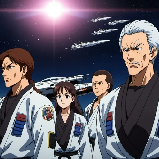 Prompt: the space fighters hear an unknown voice during martial arts training anime.