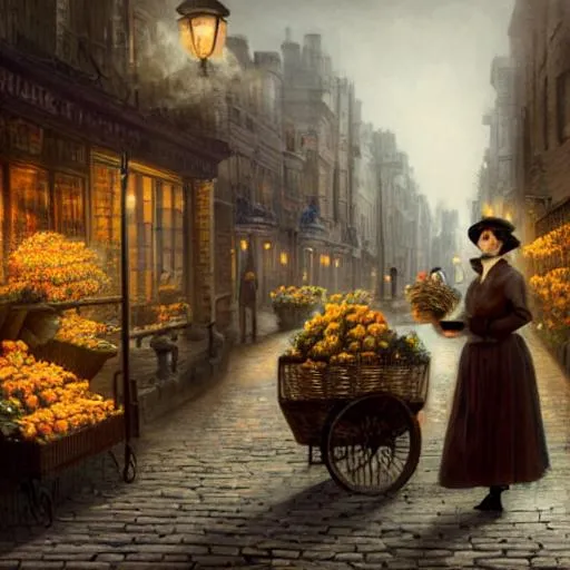 Prompt: 19th century London street, early morning, lady flower seller with basket, fruit seller with cart, atmosphere, vibe, mist, smoke, chimney,  my fair lady, photo-realistic, dramatic lighting, morning, unreal engine, artstation, concept art, sharp focus, cinematic lighting, hyperrealism