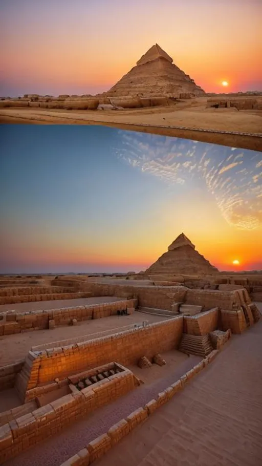 Prompt: "Craft an ethereal art piece that captures the awe-inspiring scene of the Great Sphinx of Giza and the Pyramids at sunset. The sky is painted with hues of warm oranges and purples, casting a gentle glow over the ancient structures. Use Cinema 4D and Octane 3D HD render tools for the best image output, Ultra HD 128 K resolution, ArtStation, depth increase, clarity, harmony, proportions.
Showcase the professionally
 re-worked, re-modeled, and 
re-designed physiognomy of the Great Sphinx, which now stands with a blend of its classic lion's body and a subtly refined human face. The Sphinx stands proudly in front of the Pyramids, its weathered stone bearing the weight of centuries, embodying both tradition and transformation. The Pyramids, with their precise geometry, rise powerfully from the desert sands, their edges catching the last rays of the setting sun. A sense of mystery and timelessness permeates the scene, hinting at the history and stories these ancient monuments hold."