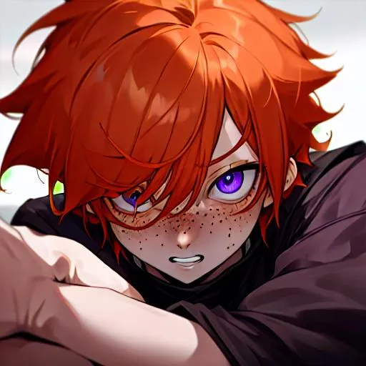 Prompt: Erikku male adult (short ginger hair, freckles, right eye blue left eye purple) UHD, 8K, Highly detailed, insane detail, best quality, high quality, 