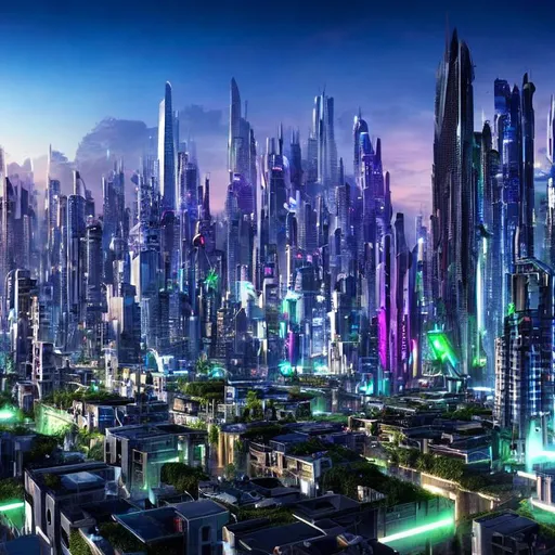 Prompt: hyper-realistic, far-future very dense cityscape, eco-friendly, lots of foliage, flying cars in the sky, neon lights, dusk, 