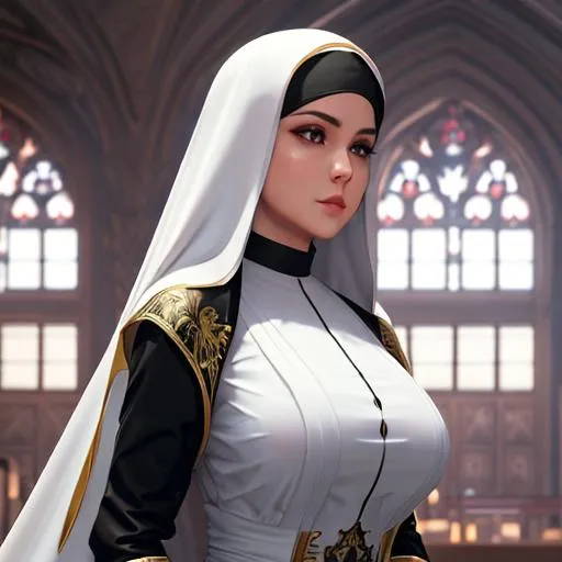 Prompt: extremely busty nun, kneeling, highly detailed face, highly detailed eyes, highly detailed body, full body, whole body visible, full character visible, soft lighting, high definition, ultra realistic, unreal engine 5, 8K, digital art