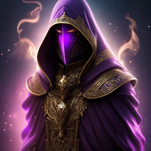 Prompt: D&D fantasy hooded purple detailed warlock ,rich radiant golden ornate robes, flying, smoke in feets, glowing, highly detailed vintage gold mask, glowing chest emblem , smooth detailed shoulder plates, detailed ivory, full body, fantasy robes, 8k HD, ice, sharp focus, ultra realistic clarity. Hyper realistic, realistic, close to perfection, high quality cell shaded illustration, ((full body)), dynamic pose, perfect anatomy, centered, freedom, soul, approach to perfection, cell shading, 8k , cinematic dramatic atmosphere, watercolor painting, global illumination, detailed and intricate environment, artstation, concept art, fluid and sharp focus, volumetric lighting, cinematic lighting.