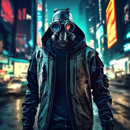 Prompt: Cyberpunk style. Man with armoured titanium jacket. Gasmask on face and hood on the head. Big double axes in his back.