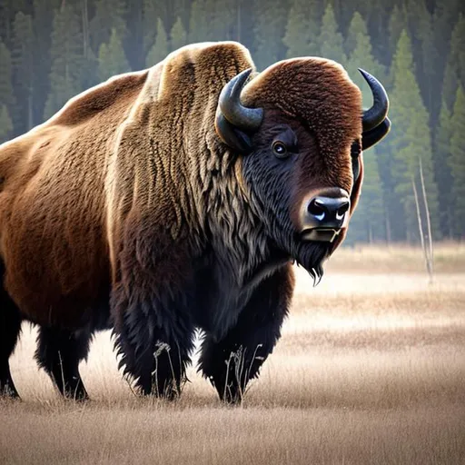 Prompt: bison, grizzly bear, huge, saber teeth