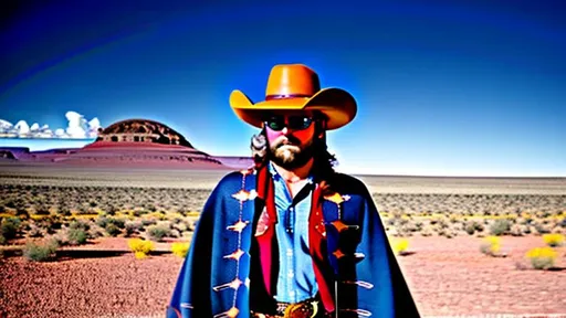 Prompt: Cyber Cowboy with 4 Arms, fiery red Poncho, Dressed in black duster and Stetson Cowboy Hat, with Red Sunglasses, Haunting Presence, Photorealism, Hyperrealism, Intricately Detailed, Hyperdetailed, Desert Wild West Landscape, Dusty Midnight Lighting, Filmic, Movie Quality, 8K Resolution, Wild West Feel