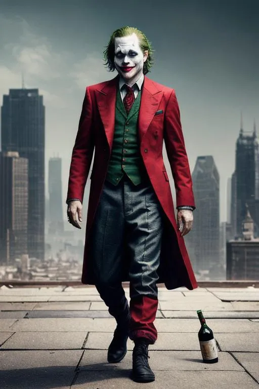 Prompt: very old drunk and dirty, poor joker with trash bag and bottle of alcohol, walking on the roof, full body, suit without mask on head, black and red color, hyper realistic, high fantasy, artstation, detailed, random background, cinematic