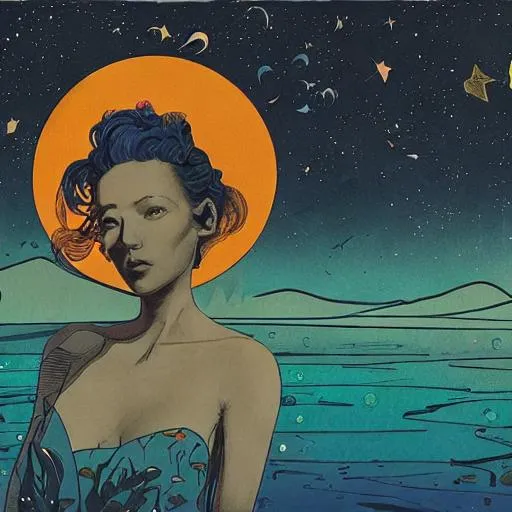 Prompt: in the style of James Jean, a landscape with a lake at night and a woman looking at the stars