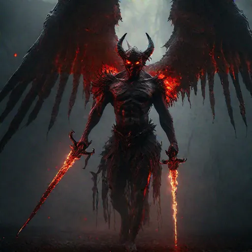Prompt: An ancient winged demon, walking, holding a fiery sword, wings dripping blood, detailed scene, hellish, glowing red eyes, smokey, foggy atmosphere, hyperrealistic, Dark fantasy, Surrealist, DSLR photography, 4K resolution, denoise by 10 steps, Seed: 18, artstation, highly detailed, sharp focus, wide angle shot, sci-fi, eerie, dystopian, cinematic lighting, dark fantasy, chromatic aberration, subsurface scattering, colorgrading, rim lighting, cinematic lighting, studio lighting, 3D ray tracing, red back lighting. 