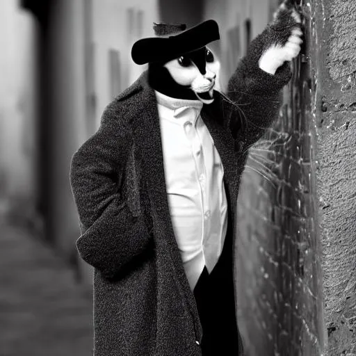 Prompt: Photo black and white anthropomorphic cat detective wearing long coat in dark alley