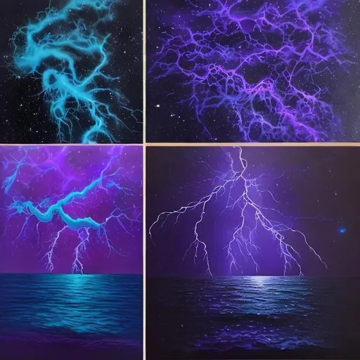 Prompt: Portrait painting. Top half is dark void of stars and galaxies, in colours of violet and indigo. Bottom half is ocean with bioluminescent creatures with glowing eyes. A lightning spans from the top to th e bottom