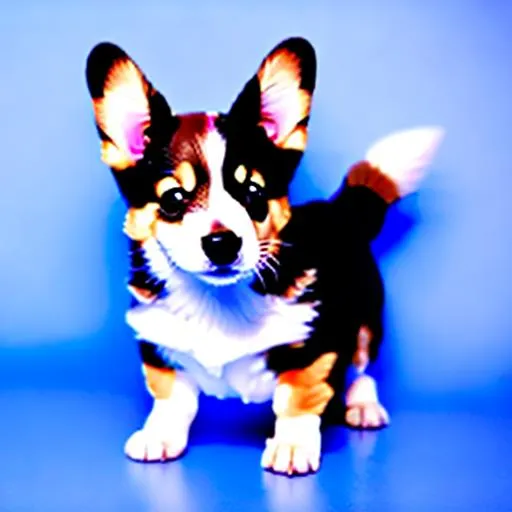 Prompt: Puppy Corgi wearing a bow tie  running at camera on all fours, clear still shot full body far away