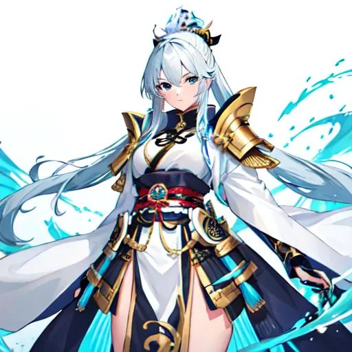 Prompt: Beautiful female white and blue hair samurai with gold and black armor