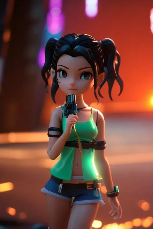 Prompt: Sense:cyberpunk style , visibly full body, An incredibly beautiful girl in her late 20's. summer clothes. perfect anatomy, symmetrically perfect face. perfect clear eyes. beautiful little red shorts with black streaks wavy hair, beach background. no extra limbs or hands or fingers or legs or arms.
