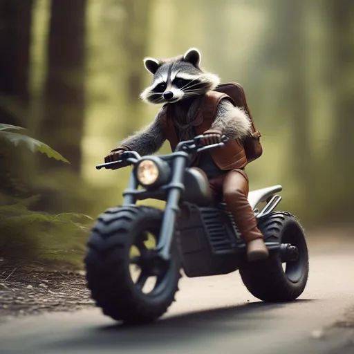 Prompt: A humanoid Racoon riding a bigtrail motorcycle. realistic photography