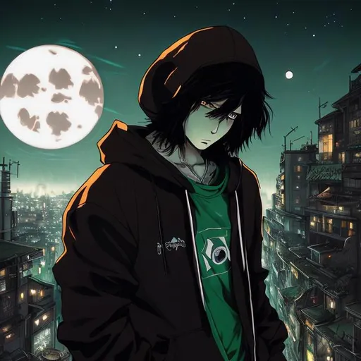 Prompt: anime art of a 30-year-old skateboarder with long dark brown hair, green eyes, and a black hoodie, staring at the moon, detailed hair and facial features, surreal moonlit atmosphere, professional, gothic, atmospheric lighting, male, futuristic city