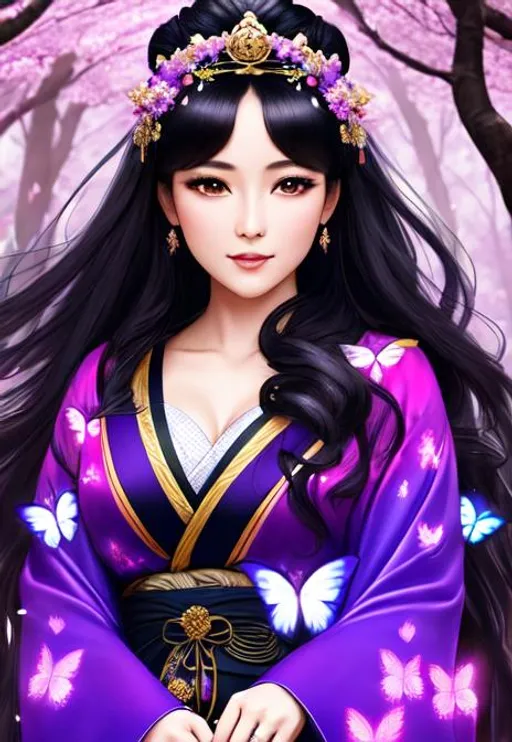 Prompt: Highly detailed woman, with black hair, and an ethereal crown, in a forest, wearing a purple and dark blue kimono, surrounded by glowing butterflies and cherry blossoms