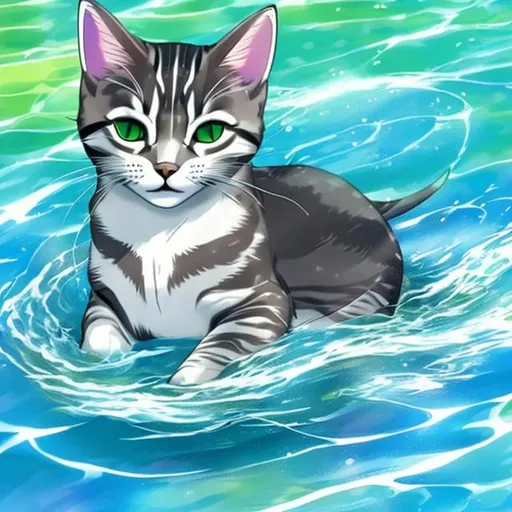 Prompt: An anime sleek silver tabby cat swimming in a clear blue river with a green grassy field next to it 