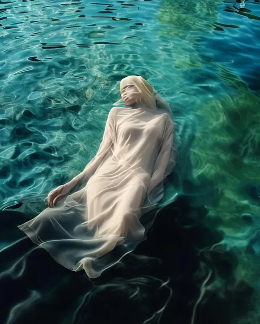 Prompt: A women covered full in drapes floating on top of a serene water 