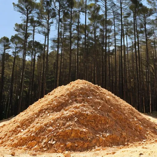 Prompt: a pile of wood chips similar to shavings or coarse sawdust for use in generating energy through biomass, with a neatly felled pine forest in the background
