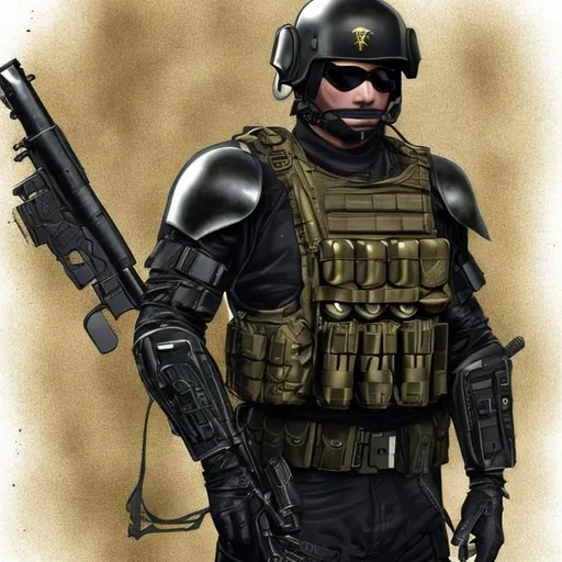 Prompt: jon ham, swat uniform, gold and black, tactical, body armor, sci-fi