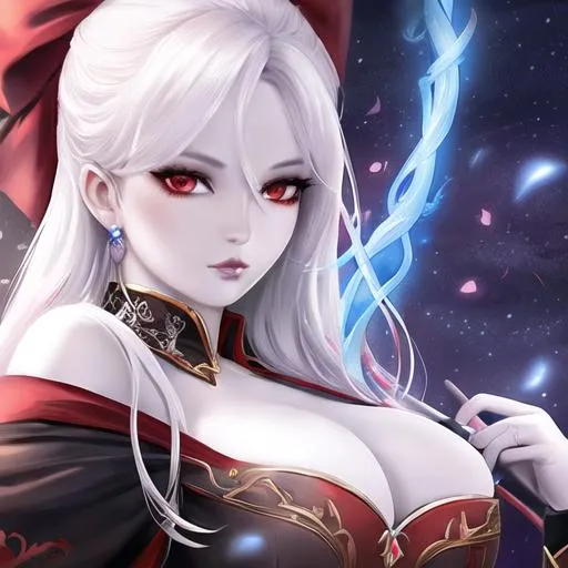 Prompt: one realistic beautiful drow with pale skin, red eyes, and white hair, holding a bow, extra detailed, busty
A ranger from the D&D universe smerking at the camera