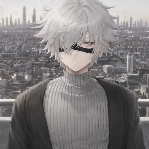 A white haired young anime boy, blindfolded, grey ci