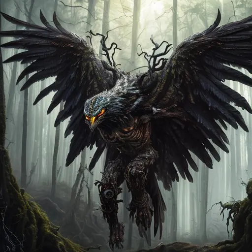 Prompt: UHD, 8k, oil painting, Very detailed, zoomed out view of demon with wings with flowing black hair, HD, High Quality) Adult, forest elemental, black war paint stripes down chins and eyes. brave hypnotic black eyes, calm expressions, gorgeous headdresses covered in white black-tipped eagle feathers, lean, sunlight beaming through the forest canopy, a grassy field covered in lush green grass