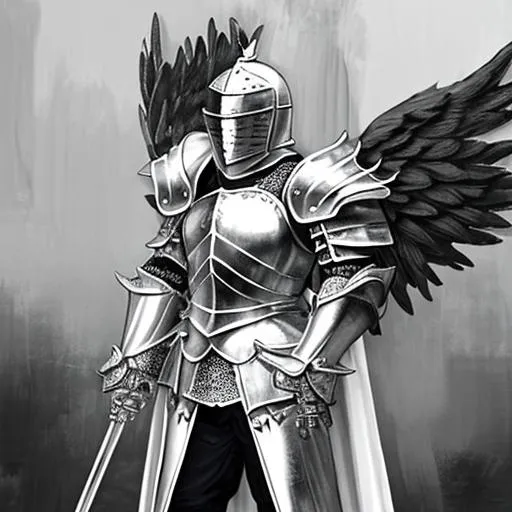 Prompt: Knight black and white armour with angel wings
