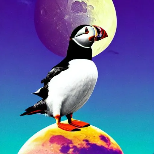 Prompt: a puffin standing on the moon in synthwave style on a bike