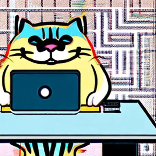 Prompt: An unhappy, fat cat is sitting at the desk in the office, writing on keyboard, illustration, magazine style