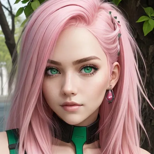 Prompt: pretty girl with pink hair and green eyes, facial closeup