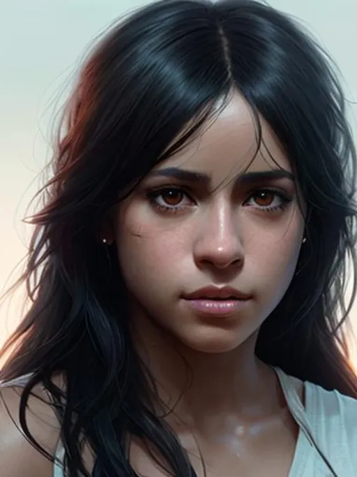 Prompt: one female human with darker skin ,black hair long hair, human face, camila Cabello, human eyes, camila Cabello face, professional lighting, highly detailed art by Greg Rutkowski, Artstation