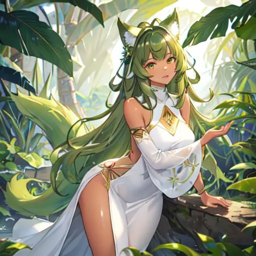 Prompt: Exotic plants on green planet. A young lady that has wolf ears and a tail. Light tan skin, emerald eyes, plump lips, toned body. Wearing white dress.. HAS wavy BROWN hair that's medium long. Facing to the right.