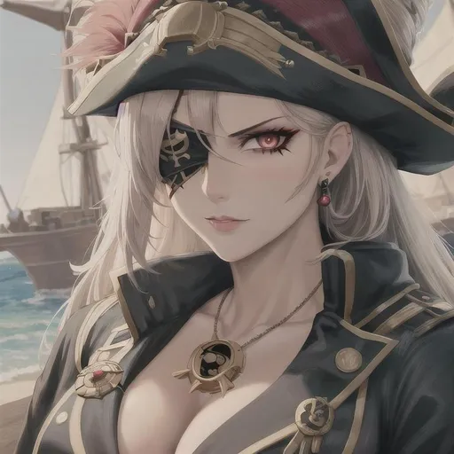 Prompt: "A close-up photo and detailed portrait of a breathtaking female pirate wearing an eyepatch on her right eye, in anime style. The female pirate's face is the center of attention, with a sense of inner beauty and power that draws the viewer in. The detailing of the female pirate's face is stunning, with every pore and feature rendered in vivid detail, including the eyepatch on her right eye that accentuates her position as a pirate on the high seas. Her eyes are piercing and captivating, with a sense of inner determination and strength that suggests a deep connection to her position as a warrior on the high seas. The female pirate's skin is smooth and flawless, with an elegant and youthful complexion that accentuates her position as a woman of great beauty and inner power. The overall composition is stunning and evocative, capturing the gorgeous female pirate's beauty, strength, and inner light in a single majestic image, in stunning anime style."