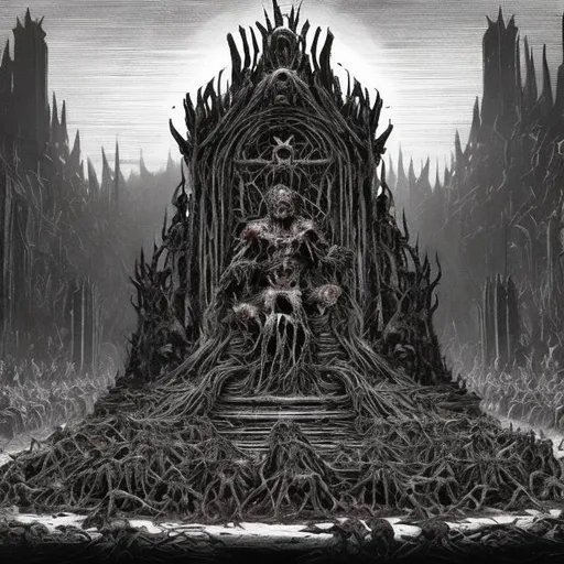 Prompt: A throne of dead bodies and flesh in a dark temple