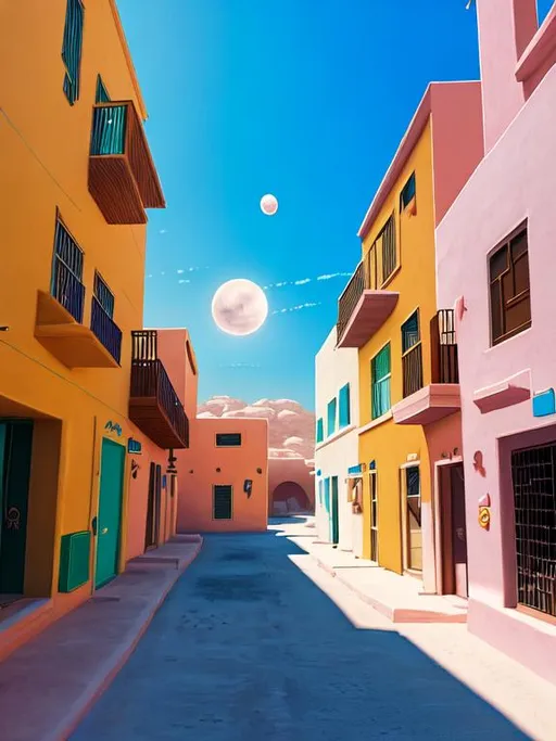 Prompt: Pastel colours painting, illustration, desert town, low buildings, space wars,  three moons in the background , 
pastel colours, unreal engine 5, SLR, ray tracing, 8k UktraHD, octane render