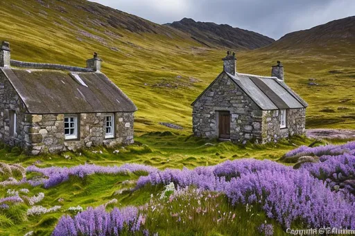 Prompt: ruined cottage on scottish moor, mountains, heather, muirhead bone, 8K resolution, analogous colors, intricately detailed