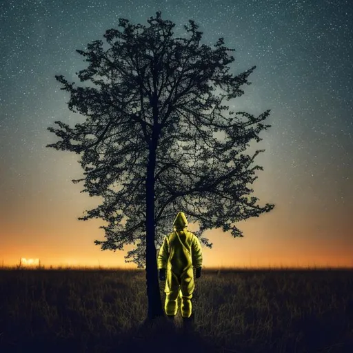 Prompt: Guy in a hazmat suit at a single tree In a field at night