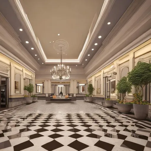 Prompt: 2 point perspective lobby with reception area, neoclassicism, museum, elegant, one storey