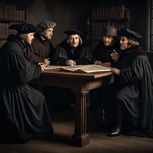 Prompt: A photo of Martin Luther, Erasmus of Rotterdam, Huldrych Zwingli and Philipp Melanchton sitting at a table and discussing, highly detailed, 8K, trending on art station, professional photograph, studio lighting, by Yousuf Karsh