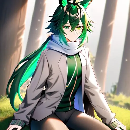 Prompt: Male. masculine build. human animatronic hybrid, with focused emerald eyes. Emerald colored feathery PEGASUS tail. Short dark Green ombre hair. horse ears. adult He wears grey comfy leggings, a white oversized sweater, brown boots. And a green scarf. Anime style. UHD, HD, 4K. In the forest.