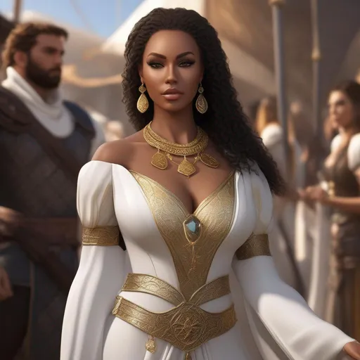 Prompt: Beautiful fantasy medieval busty seducer, (crop top:1.5),Perfect face, perfect hand, perfect five fingers and body. ((black woman in white and gold dress: 1.3)) adorned with necklace, look to me, ((gold details in dress)) ship in back, young woman, and in a dnd port, ((hyperdetailed eyes)), perfect body, perfect anatomy, beautifully detailed face, full body, highly detailed, digital painting, artstation, hyperrealistic, sharp focus, illustration, art by artgerm and greg rutkowski and alphonse mucha, 8k, pretty eyes, award-winning cgi, blender, headshot