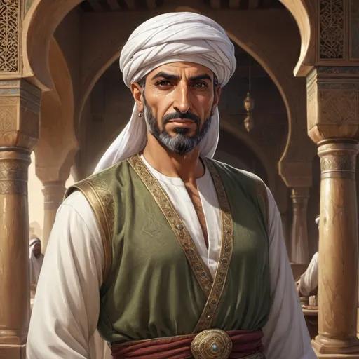 Prompt: Full body, Fantasy illustration of a male arab merchant, 50 years old, olive skin,   fancy beart, fine traditional garment, turban, stern expression, high quality, rpg-fantasy, detailed, in a Arabian style office