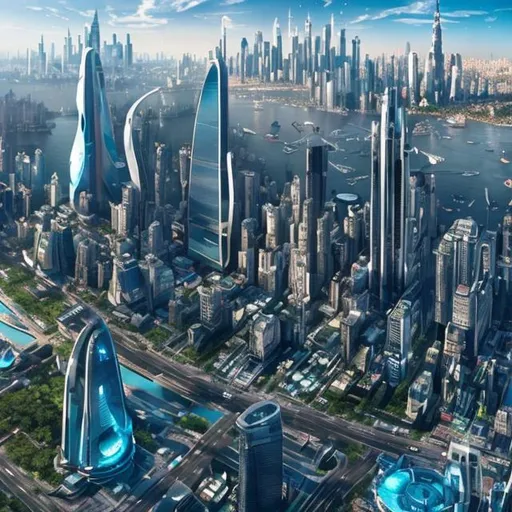 Prompt: In the year 3000, the futuristic cityscape with "flying drones for human  transport" is a mesmerizing blend of advanced technology, architectural marvels, and sustainable design. Towering skyscrapers, adorned with sleek, reflective surfaces, pierce the sky, reaching dizzying heights. The city is a harmonious fusion of nature and artificiality, with sprawling gardens, vertical forests, and hanging gardens adorning the sides of buildings, creating a stunning display of greenery amidst the urban environment. add drones for human transport
