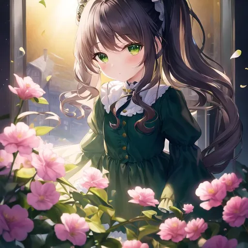 Prompt: (masterpiece, best quality:1.2), illustration, absurdres, highres, extremely detailed, 1 petite girl inside a (sandglass), navy long hair, small double pigtails, green eyes, eye highlights, dress, short puffy sleeves, frills, flower, fluttering petals, upper body, depth of field, (:d:0.8), chromatic aberration abuse,pastel color, Depth of field, purple tint,(purple fog:1.3)