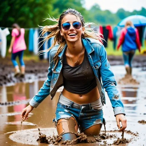 Prompt: photo of young woman, soaking wet clothes, Muddy high top converse sneakers, Full length ripped light blue jeans splattered with lots of mud, Ripped denim jacket splattered with lots of mud,  , Mud splattered Blonde dancing on a mud creek on a festival,   enjoying, water dripping from clothes, clothes stuck to body,  detailed textures of the wet fabric, wet face, wet plastered hair,  wet, drenched, professional, high-quality details, full body view , Full Front view, dancing, face and hair splattered with mud, sunglasses