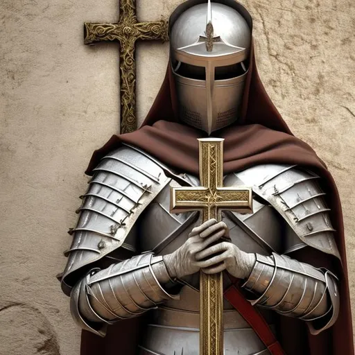 Prompt: Crusader knight  holding a cross in both his hands