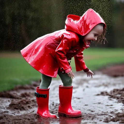 Prompt: A little girl in a red slick raincoat splashing in a muddy puddle with yellow rain boots 